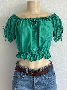 Reformation Peasant Top Emerald Green Button Off Shoulder Bow Crop Short Sleeve
